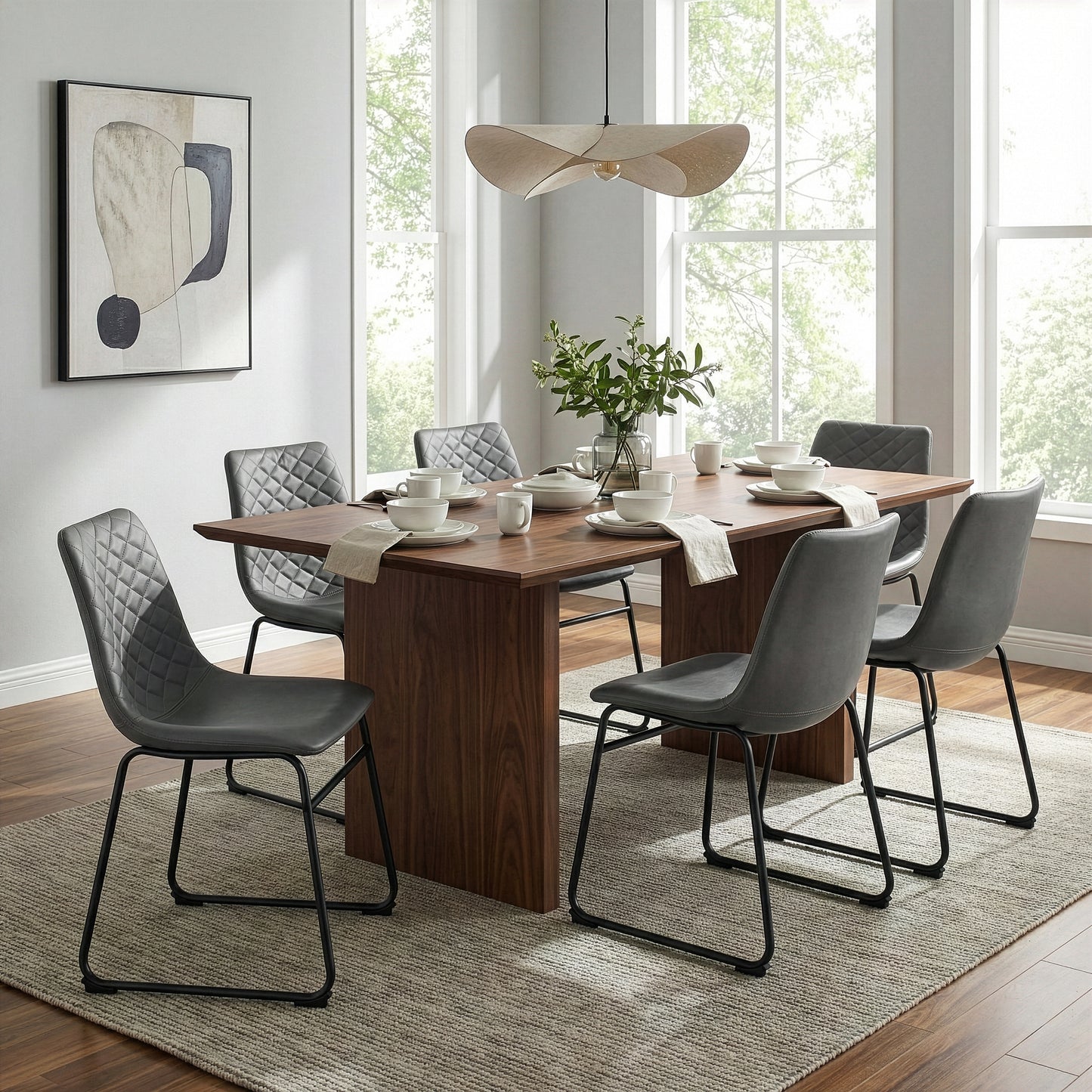 Set of 2 Ave Iron Frame Gray Faux Leather Dining Chair with Stitching