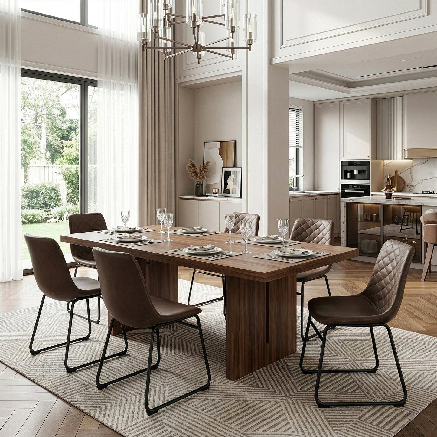 Set of 2 Ave Iron Frame Brown Faux Leather Dining Chair with Stitching