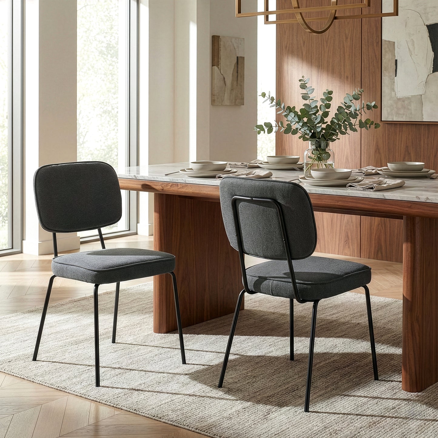 Set of 2 Aven Gray Fabric Dining Chair with Black Metal Legs