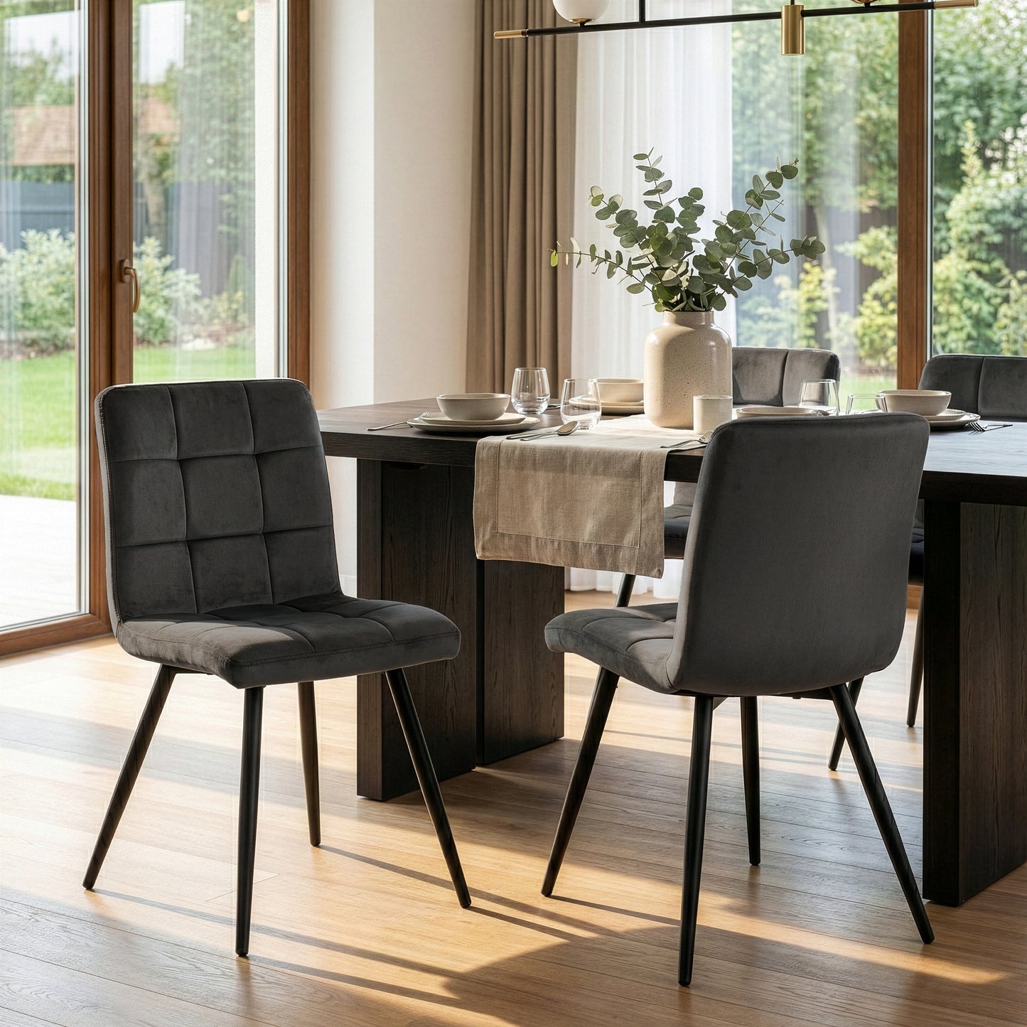 Set of 2 Anika Black Velvet Dining Chair with Stitching and Black Metal Legs