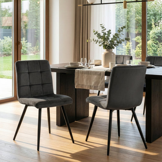 Set of 2 Anika Black Velvet Dining Chair with Stitching and Black Metal Legs