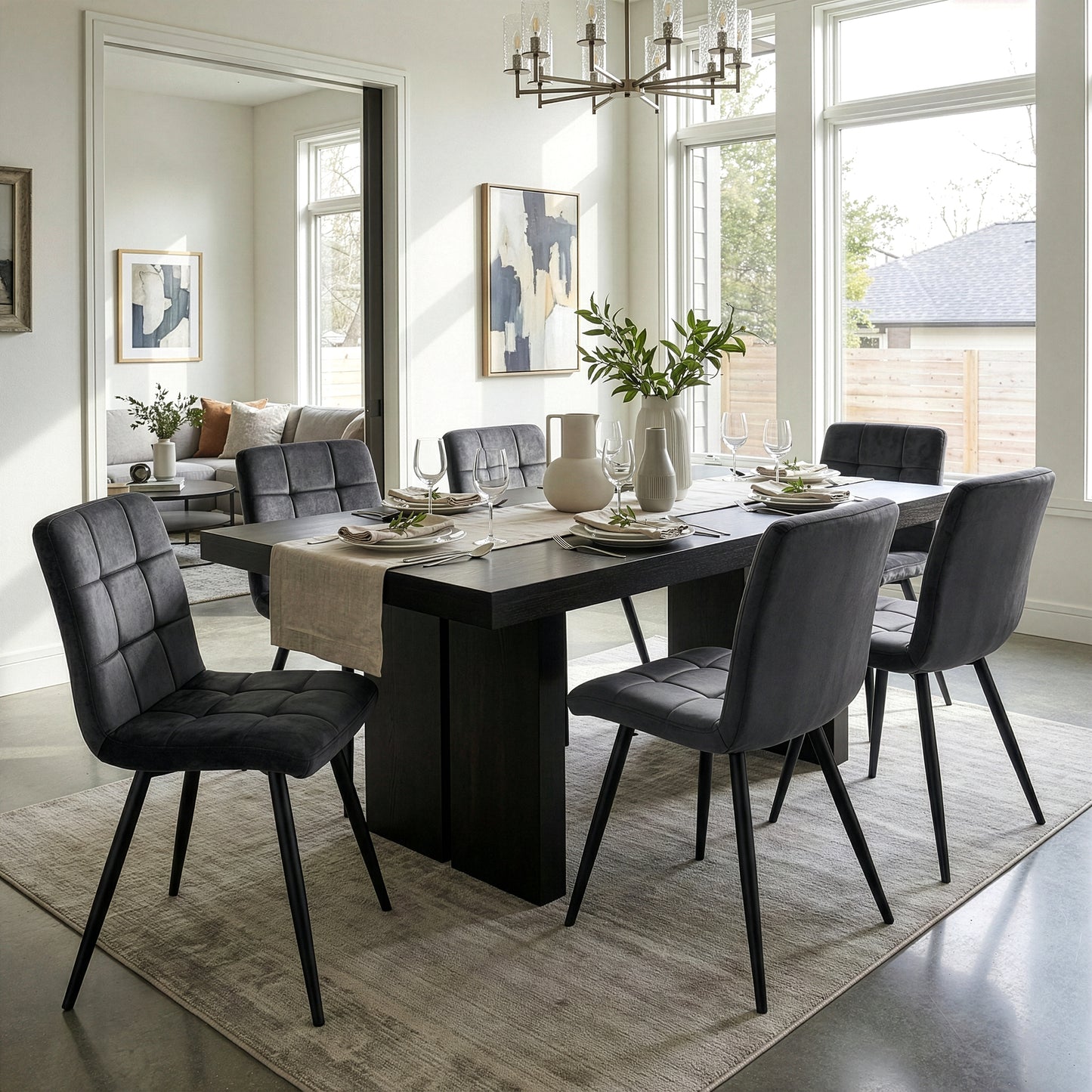 Set of 2 Anika Black Velvet Dining Chair with Stitching and Black Metal Legs