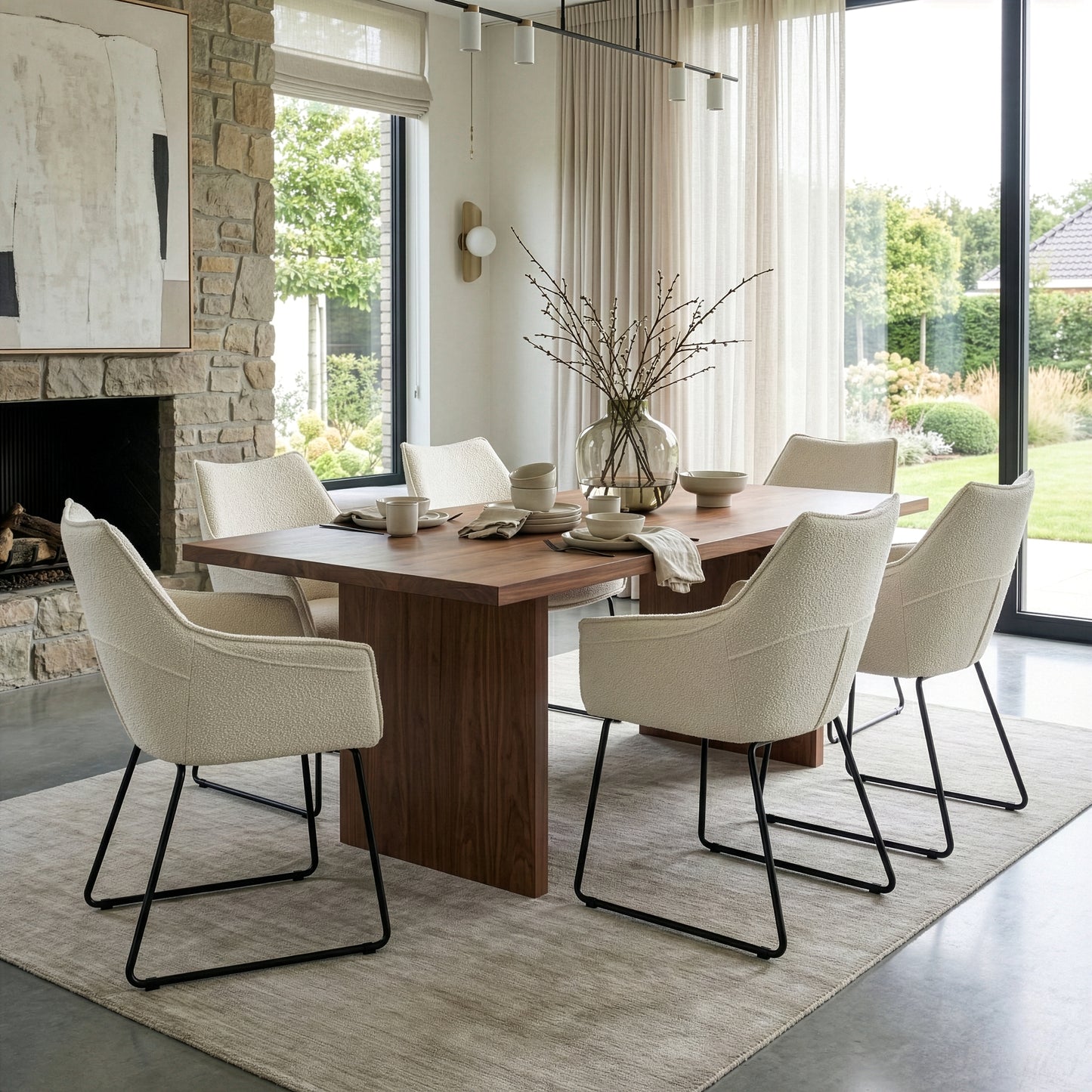 Set of 2 Amna Cream Boucle Arm Chair with Black Metal Legs