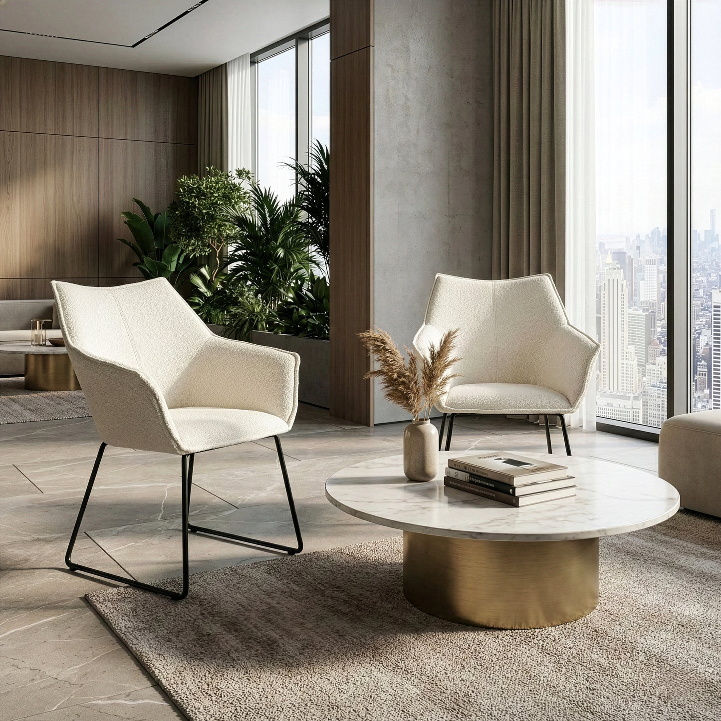 Set of 2 Amna Cream Boucle Arm Chair with Black Metal Legs