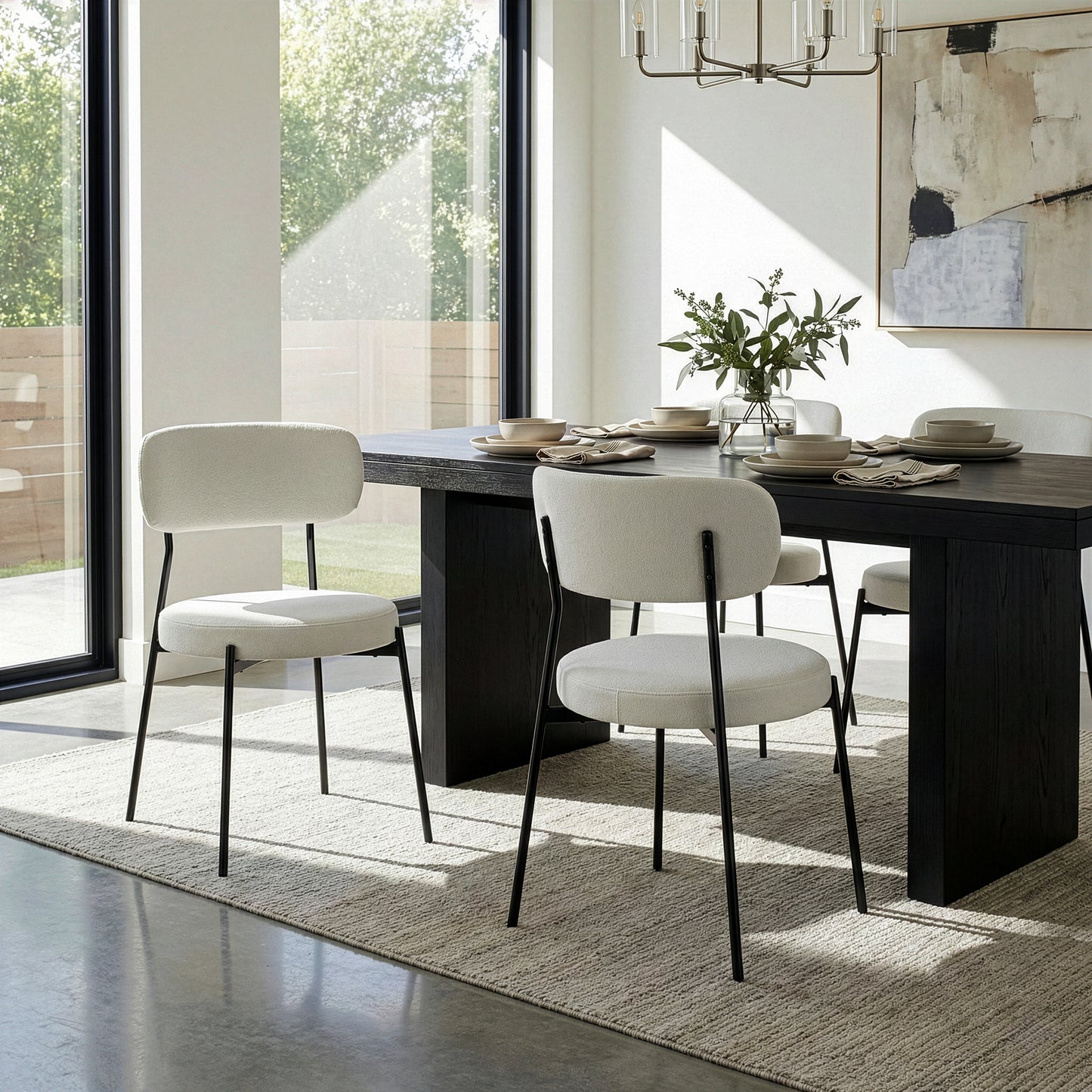 Set of 2 Aya White Chenille Dining Chair with Black Steel Legs