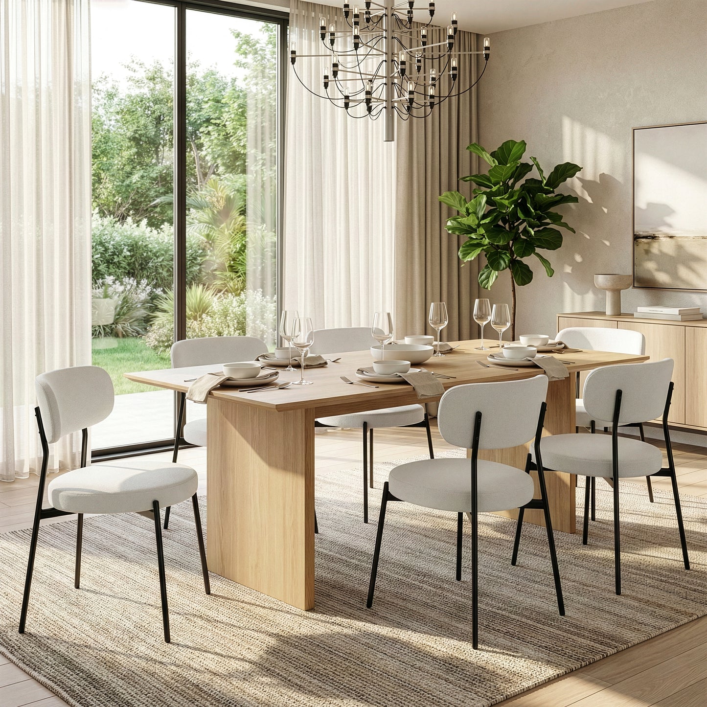 Set of 2 Aya White Chenille Dining Chair with Black Steel Legs