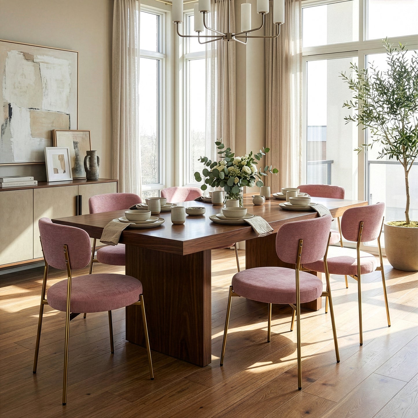 Set of 2 Aya Rust Pink Chenille Dining Chair with Gold Steel Legs