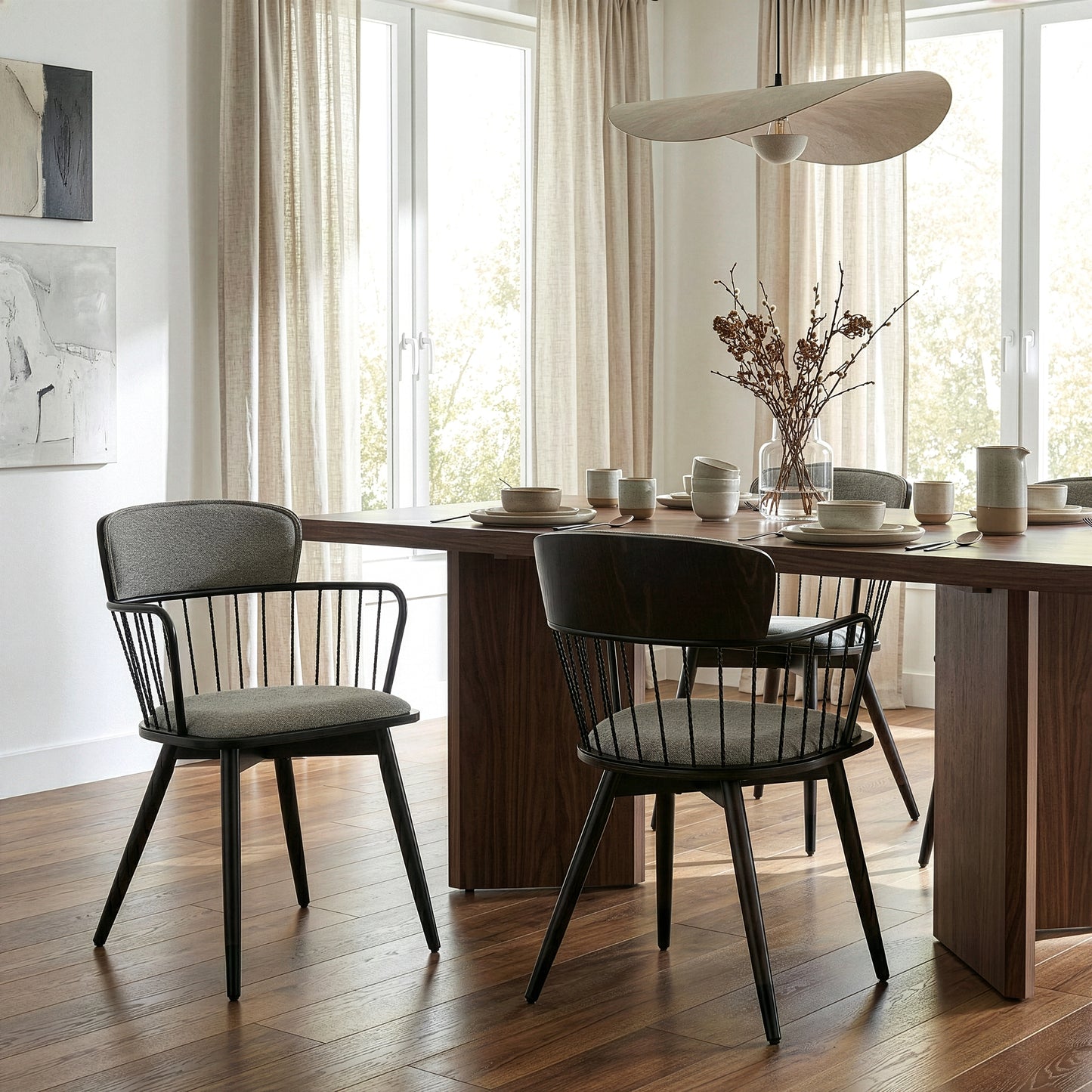 Set of 2 Bairn Gray Fabric Dining Chair with Dark Walnut Wood Legs