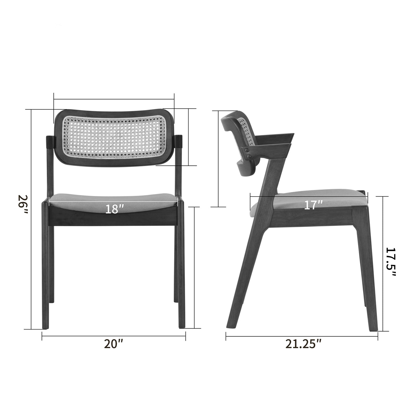 Set of 2 Azula Gray Fabric Dining Chair with Rattan Back and Black Wood Legs