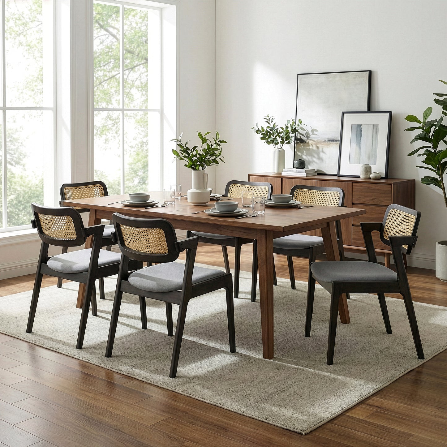 Set of 2 Azula Gray Fabric Dining Chair with Rattan Back and Black Wood Legs