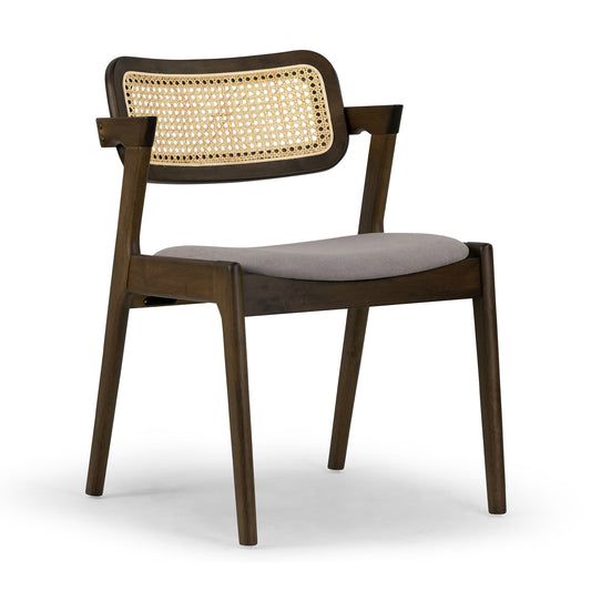 Set of 2 Azula Gray Fabric Dining Chair with Rattan Back and Walnut Wood Legs