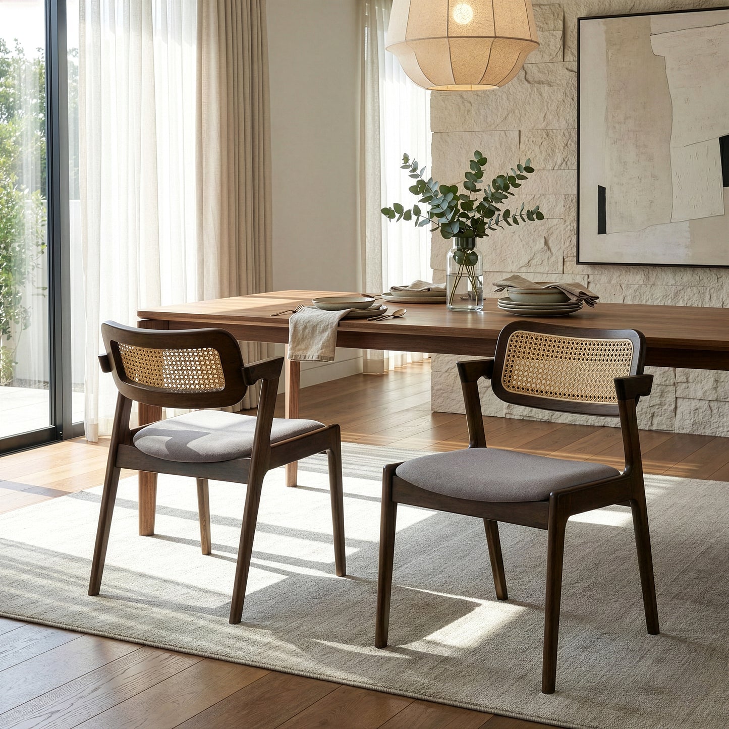 Set of 2 Azula Gray Fabric Dining Chair with Rattan Back and Walnut Wood Legs