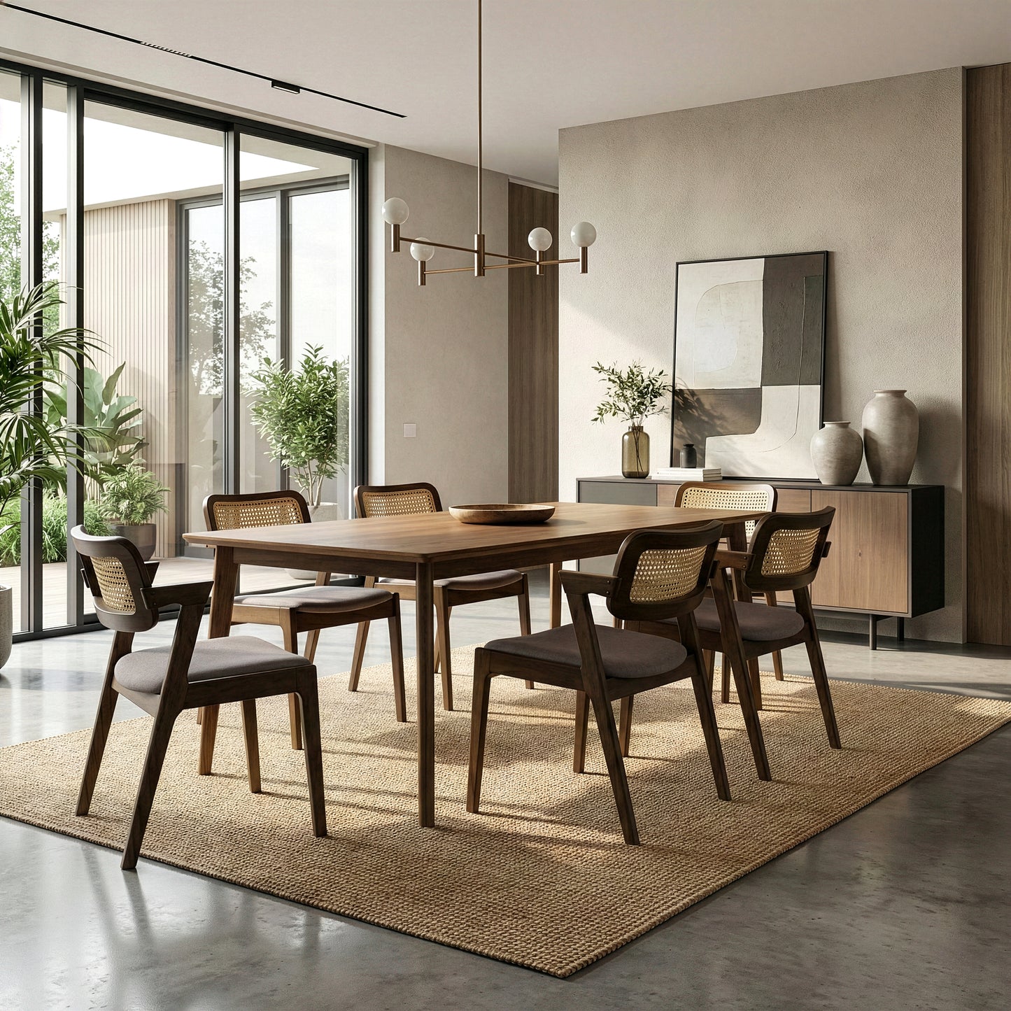 Set of 2 Azula Gray Fabric Dining Chair with Rattan Back and Walnut Wood Legs