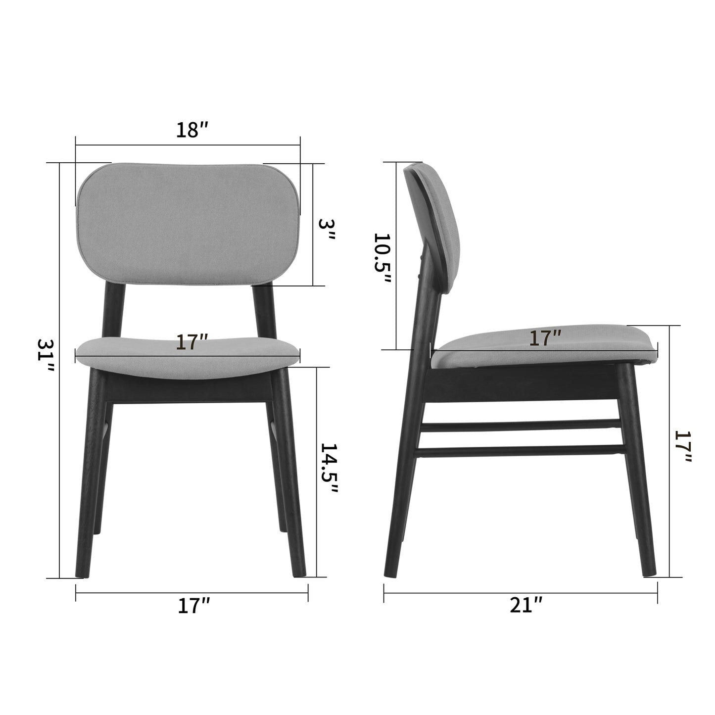 Set of 2 Babette Gray Fabric Dining Chair with Black Wood Legs