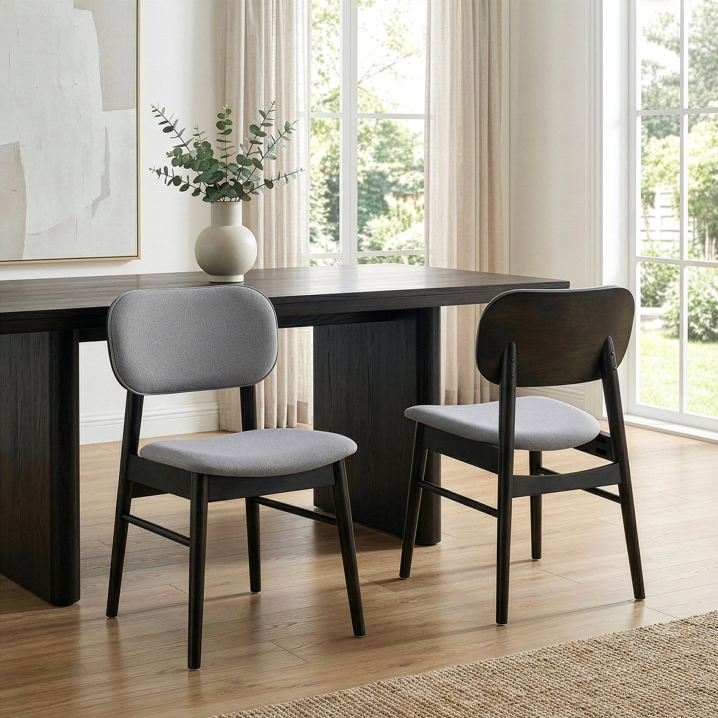 Set of 2 Babette Gray Fabric Dining Chair with Black Wood Legs