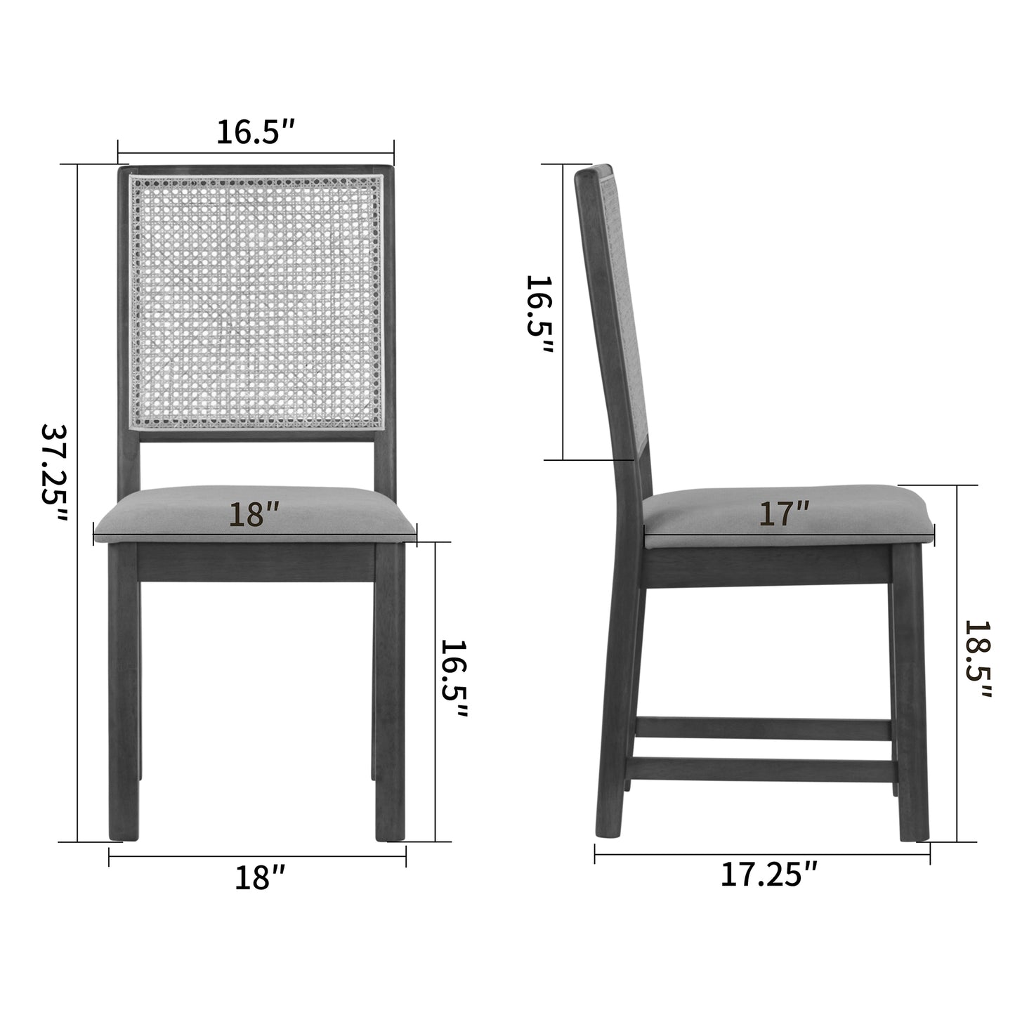 Set of 2 Baines Gray Fabric Dining Chair with High Rattan Back and Black Wood Legs
