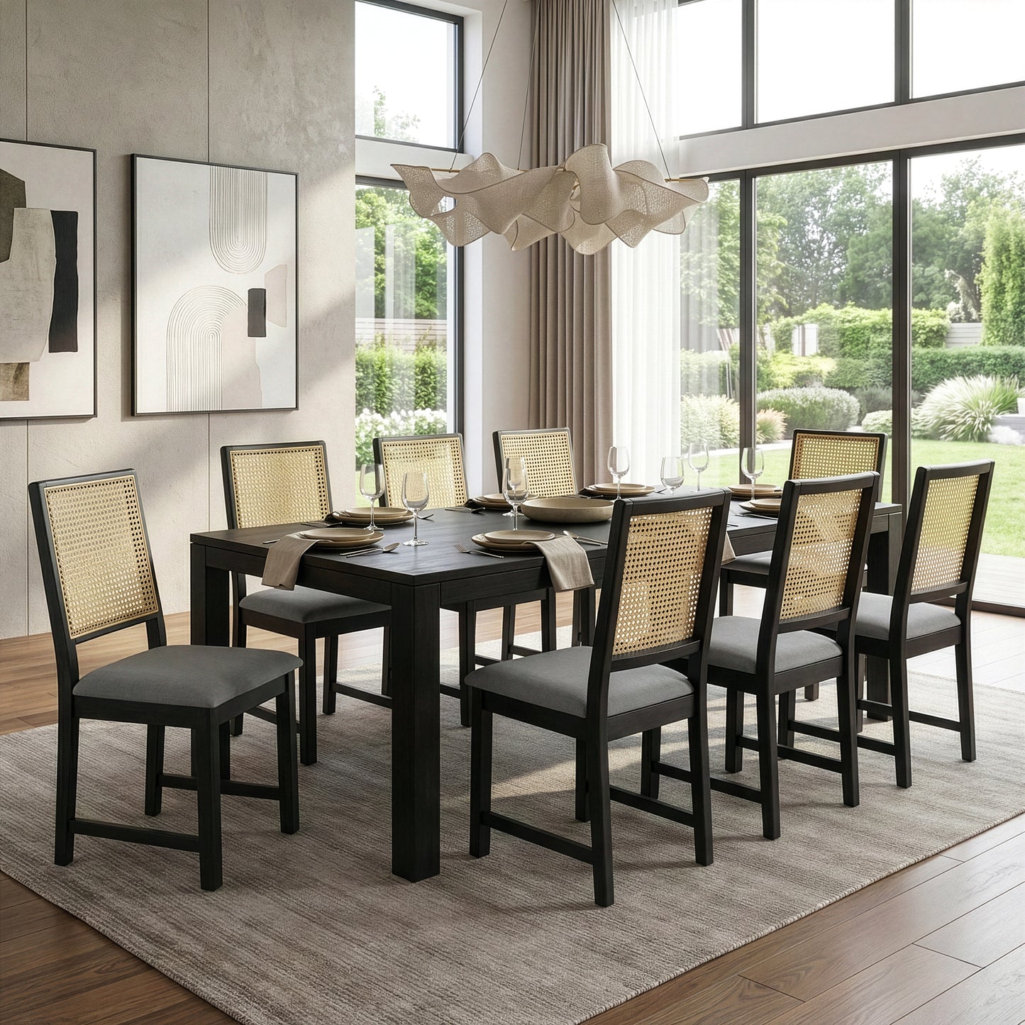 Set of 2 Baines Gray Fabric Dining Chair with High Rattan Back and Black Wood Legs