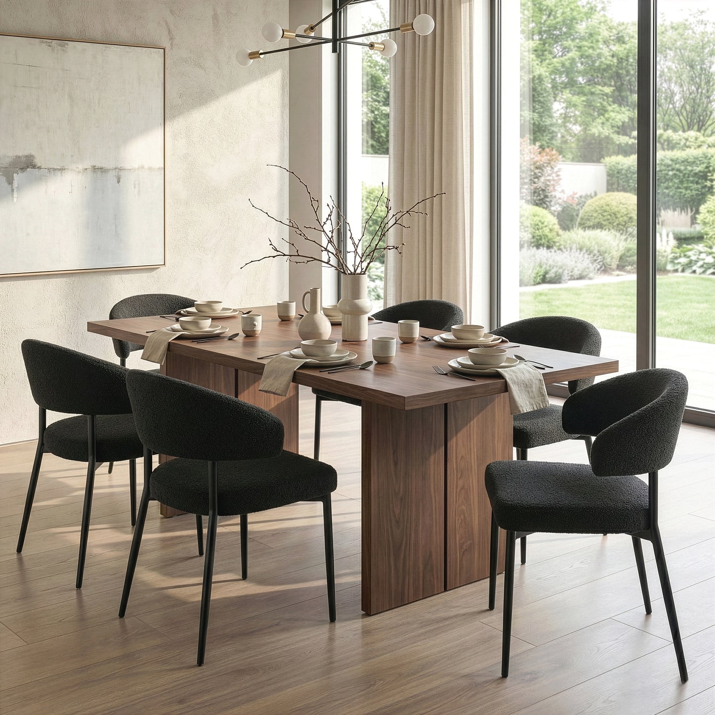 Set of 2 Ayoka Black Boucle Dining Chairs with Black Iron Legs