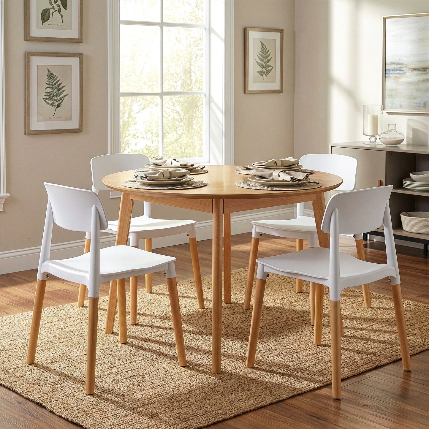 Balta White Plastic Dining Chair with Wood Legs