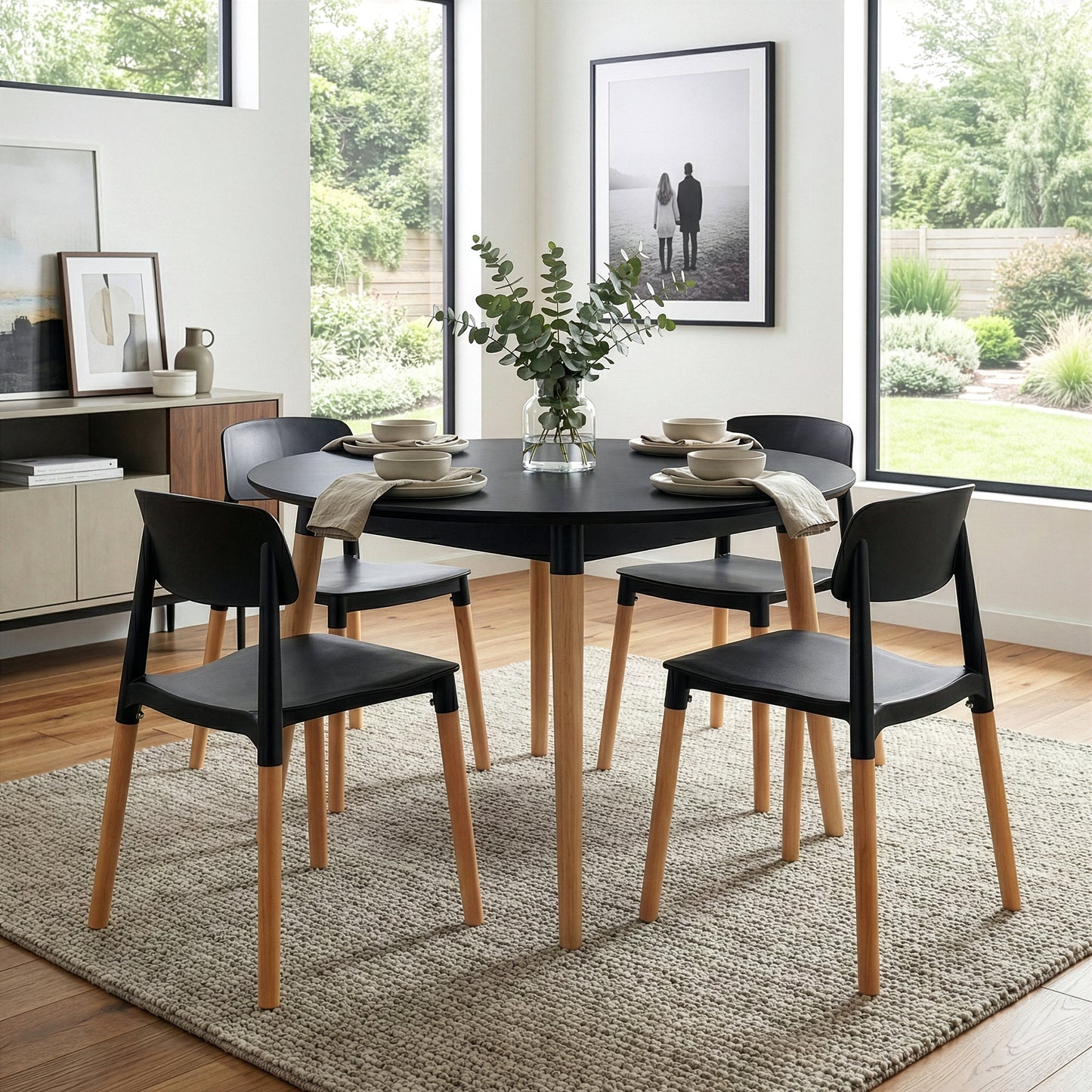 Balta Black Plastic Dining Chair with Wood Legs