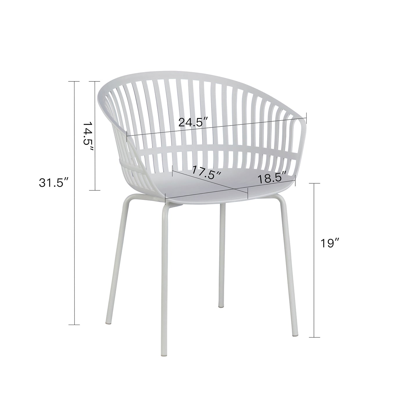 Set of 2 Barras White Plastic Dining Chair with Slatted Back and Iron Legs