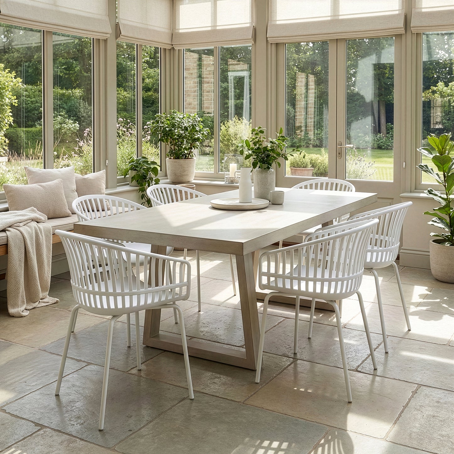 Set of 2 Barras White Plastic Dining Chair with Slatted Back and Iron Legs