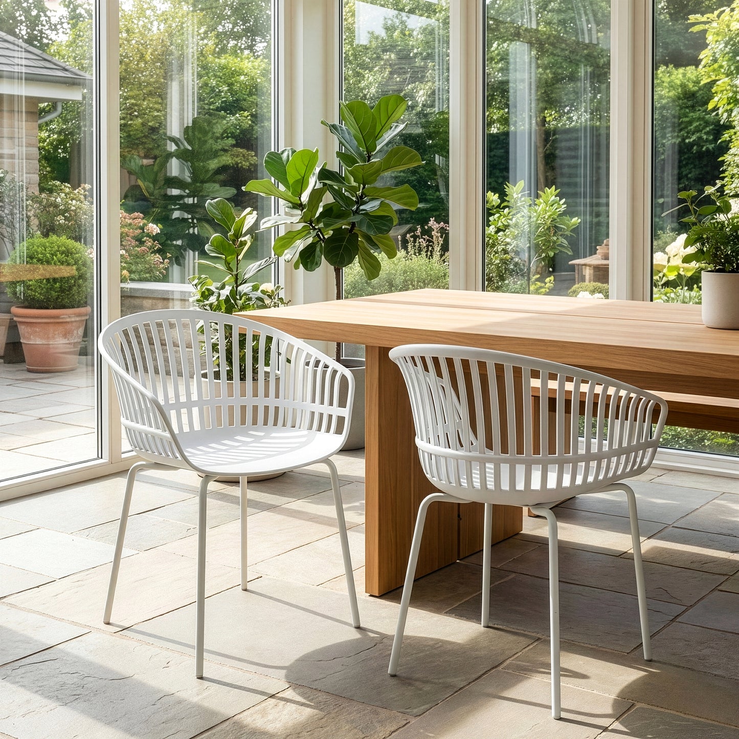 Set of 2 Barras White Plastic Dining Chair with Slatted Back and Iron Legs