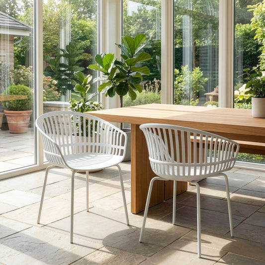 Set of 2 Barras White Plastic Dining Chair with Slatted Back and Iron Legs