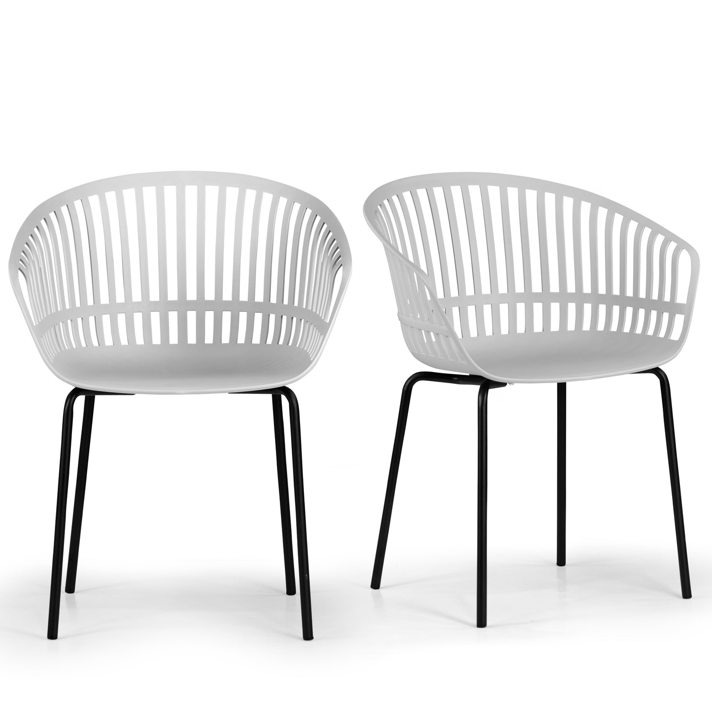 Set of 2 Barras White Plastic Dining Chair with Slatted Back and Black Iron Legs
