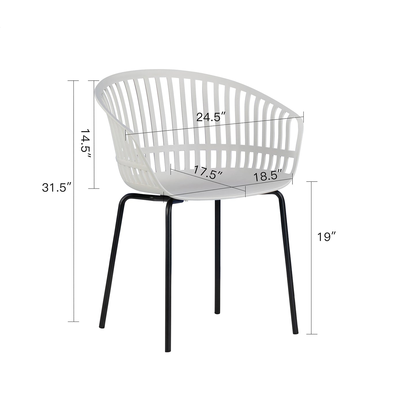 Set of 2 Barras White Plastic Dining Chair with Slatted Back and Black Iron Legs