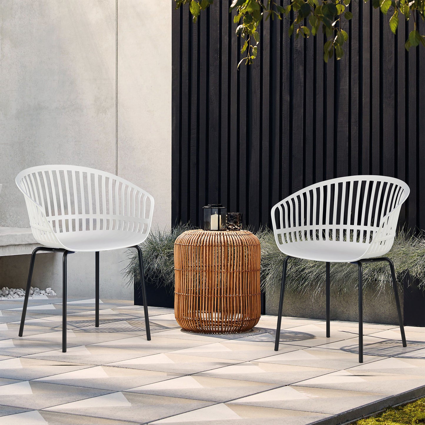 Set of 2 Barras White Plastic Dining Chair with Slatted Back and Black Iron Legs