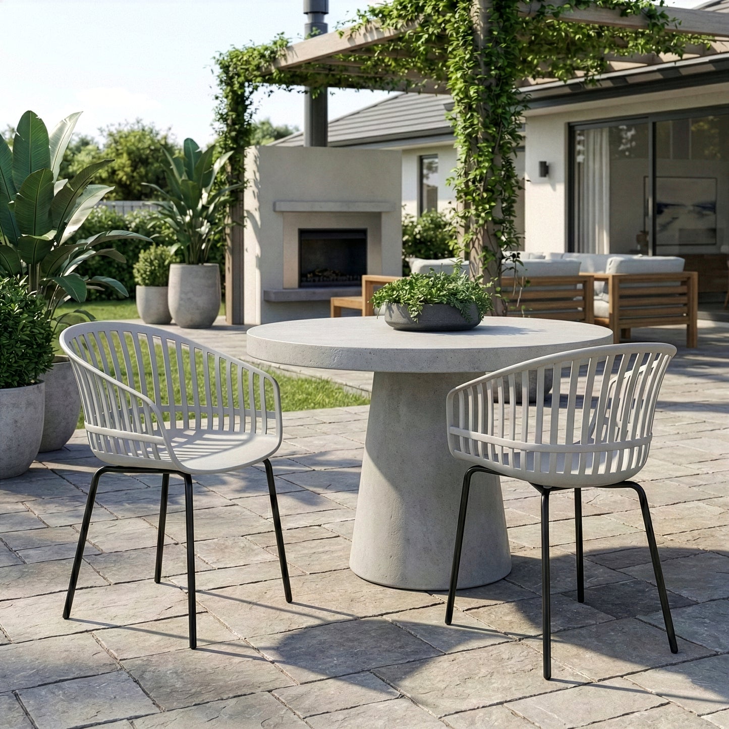 Set of 2 Barras White Plastic Dining Chair with Slatted Back and Black Iron Legs
