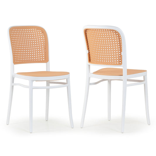 Set of 2 Balto White Plastic Dining Chair with Rattan Detail