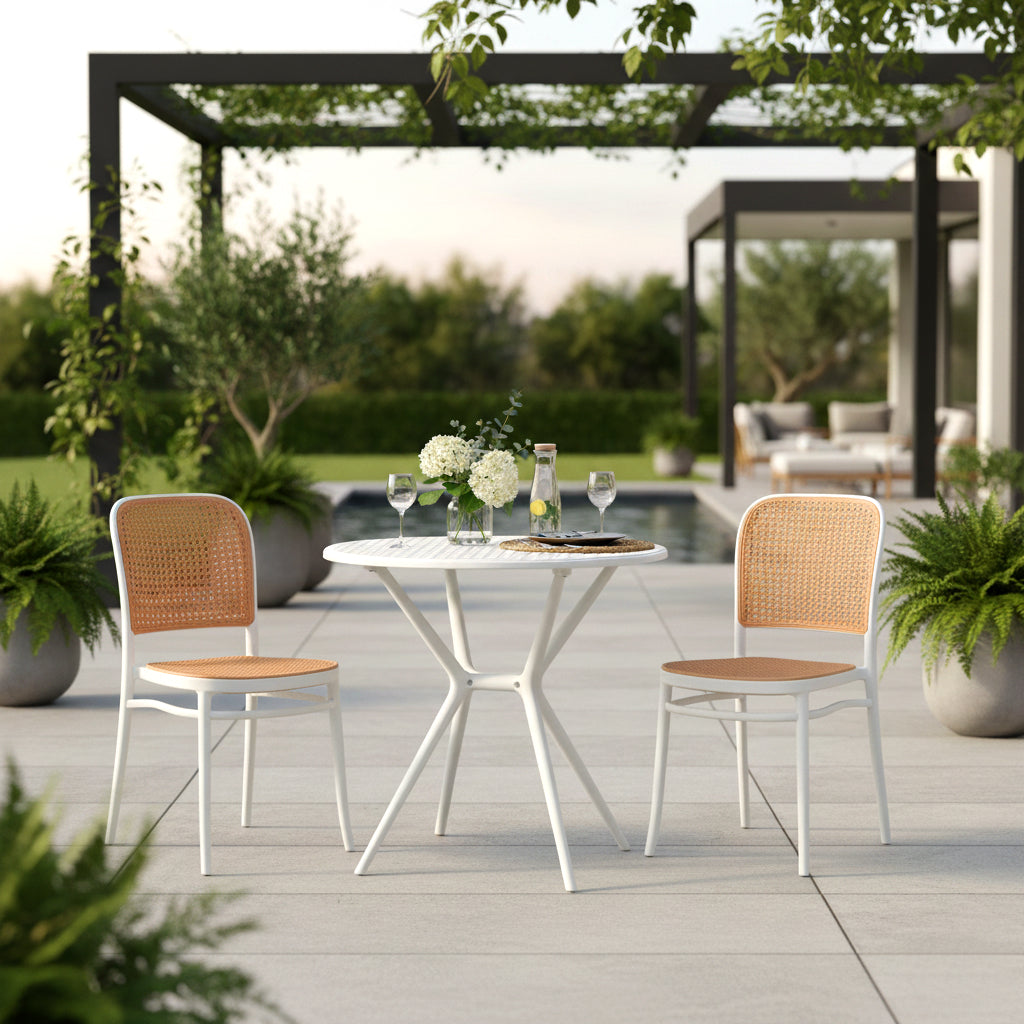 Set of 2 Balto White Plastic Dining Chair with Rattan Detail