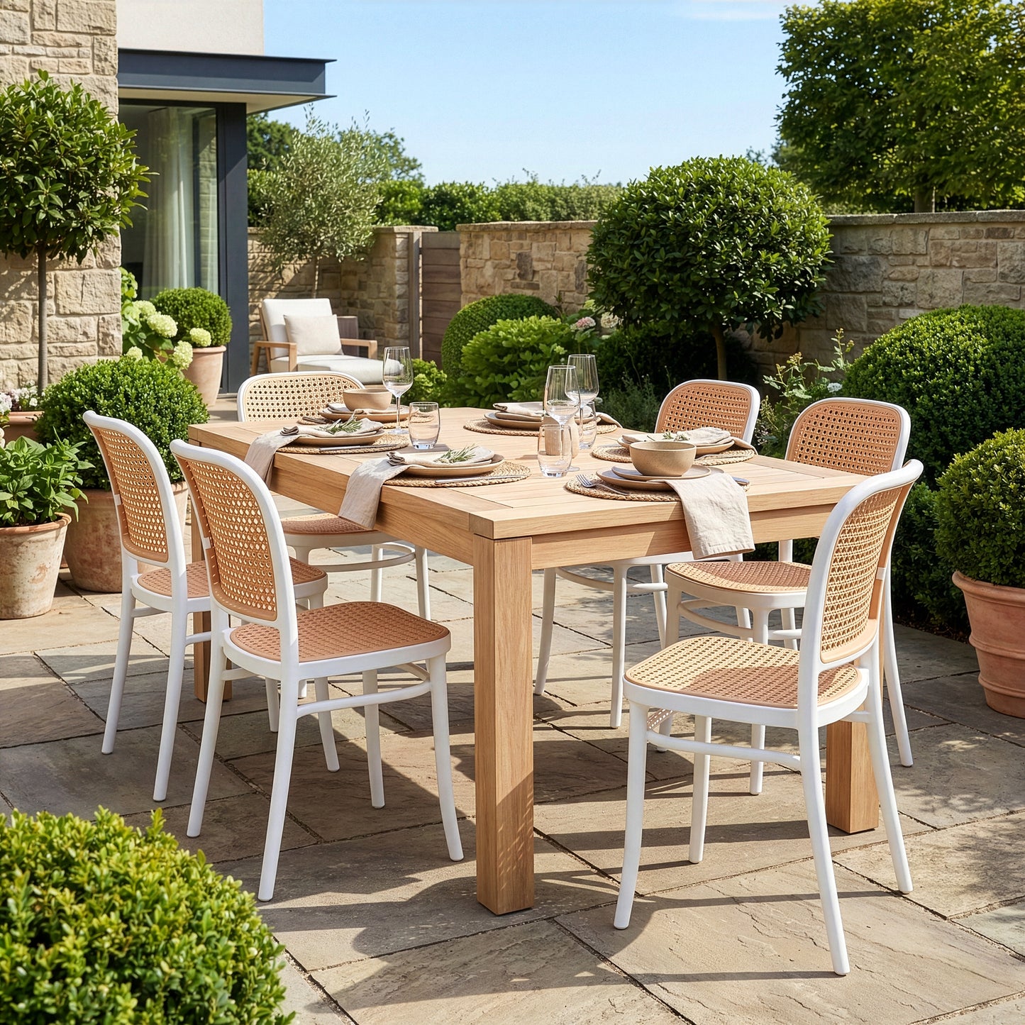 Set of 2 Balto White Plastic Dining Chair with Rattan Detail