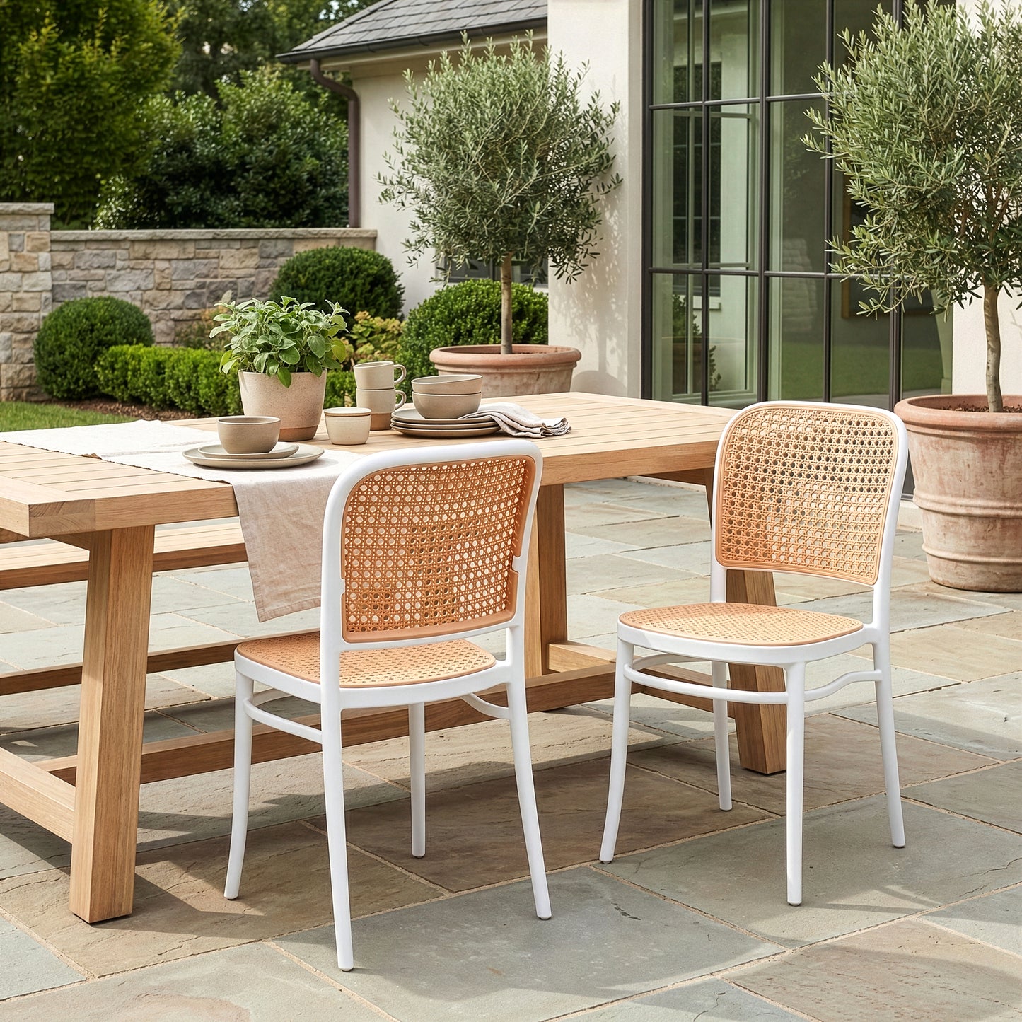 Set of 2 Balto White Plastic Dining Chair with Rattan Detail
