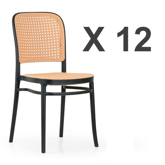 Set of 12 Balto Black Plastic Dining Chair with Rattan Detail