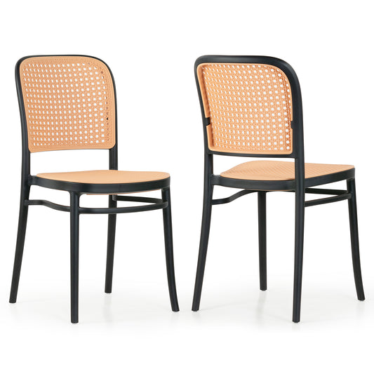 Set of 2 Balto Black Plastic Dining Chair with Rattan Detail