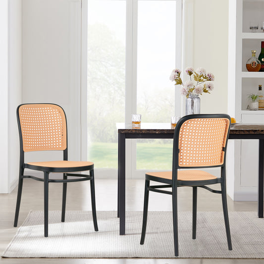 Set of 2 Balto Black Plastic Dining Chair with Rattan Detail
