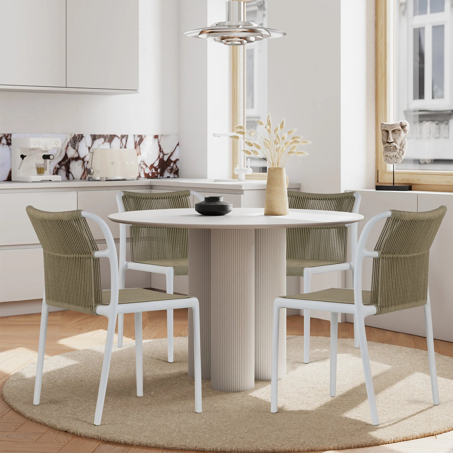 Set of 2 Belden Beige Woven Rope Fabric Dining Chair with Plastic Frame