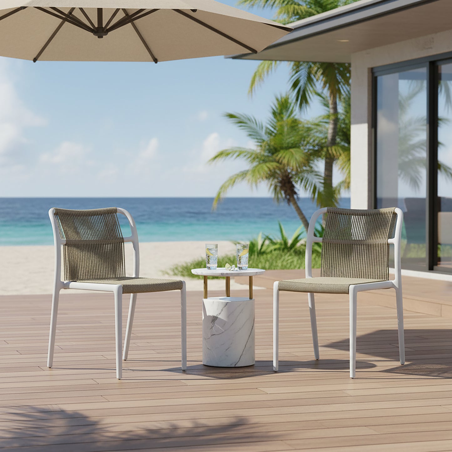 Set of 2 Belden Beige Woven Rope Fabric Dining Chair with Plastic Frame