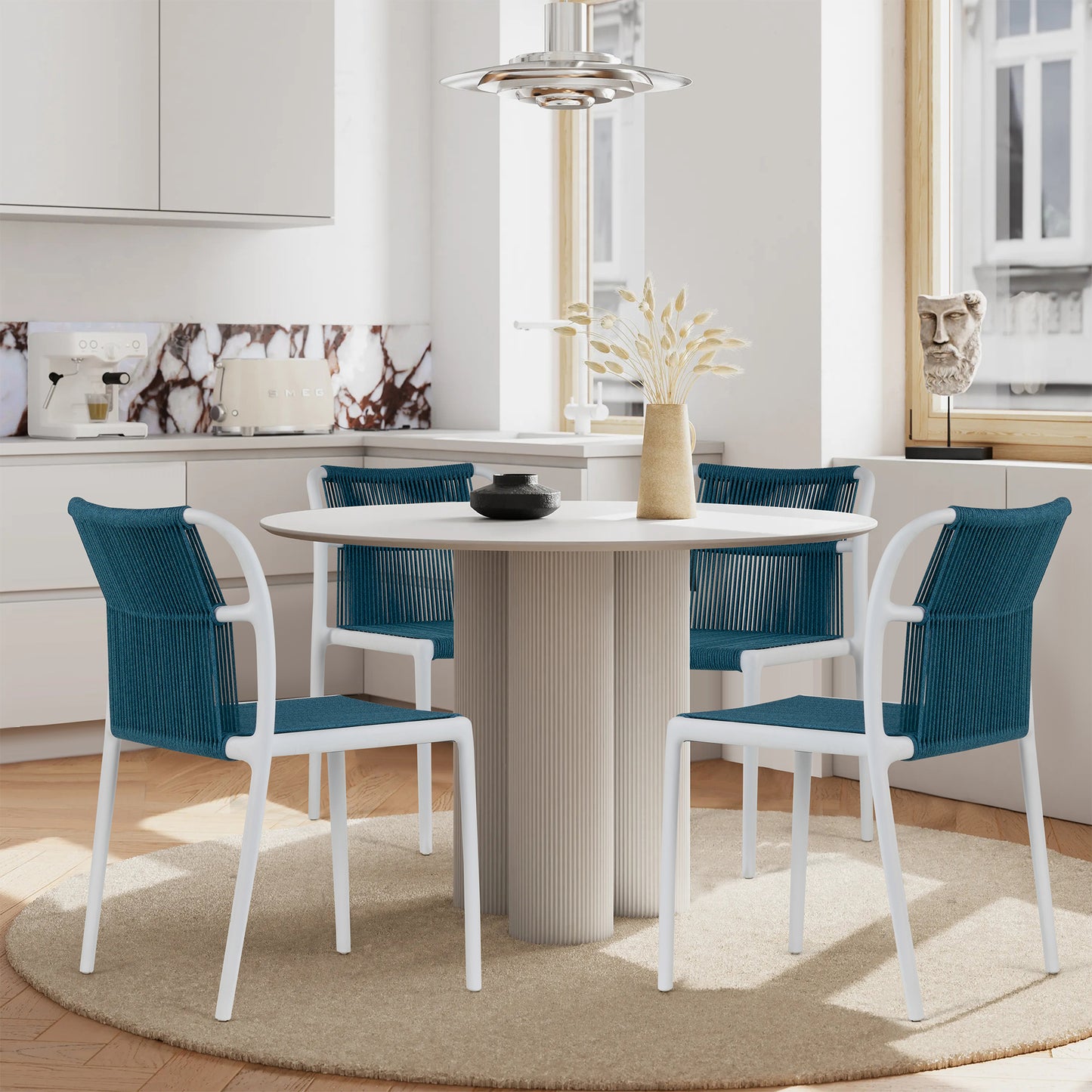 Set of 2 Belden Blue Woven Rope Fabric Dining Chair with Plastic Frame