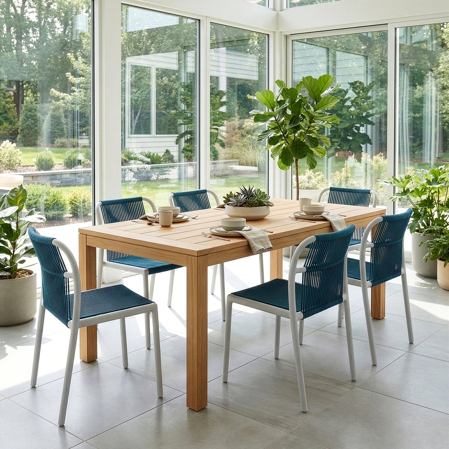 Set of 2 Belden Blue Woven Rope Fabric Dining Chair with Plastic Frame