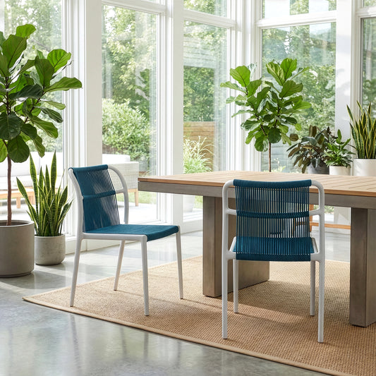Set of 2 Belden Blue Woven Rope Fabric Dining Chair with Plastic Frame