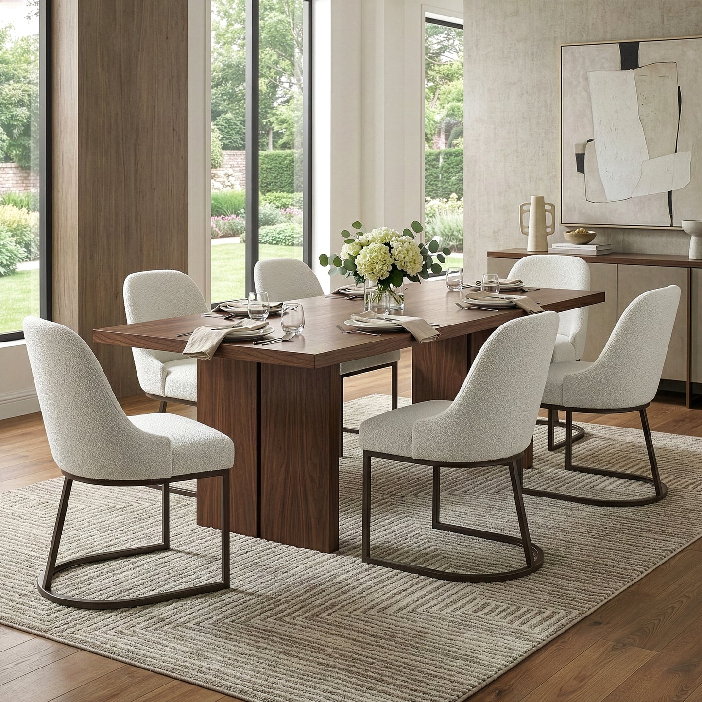 Set of 2 Ayane White Boucle Fabric Dining Chair with Iron Legs