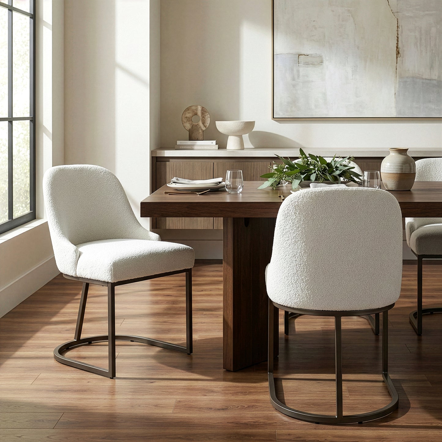 Set of 2 Ayane White Boucle Fabric Dining Chair with Iron Legs