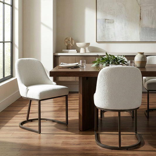 Set of 2 Ayane White Boucle Fabric Dining Chair with Iron Legs
