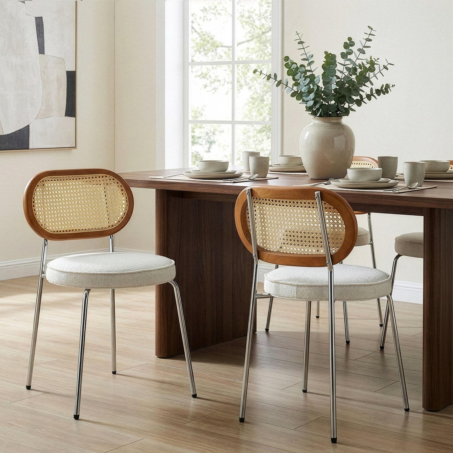 Set of 2 Azem White Boucle Fabric Dining Chair with Rattan Backrest and Chrome Legs