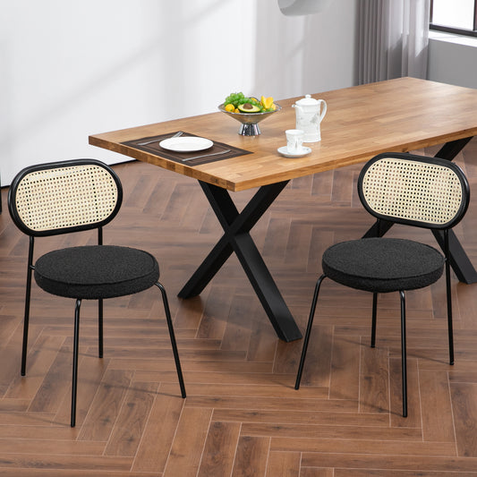 Set of 2 Azem Black Boucle Fabric Dining Chair with Rattan Backrest and Black Chrome Legs
