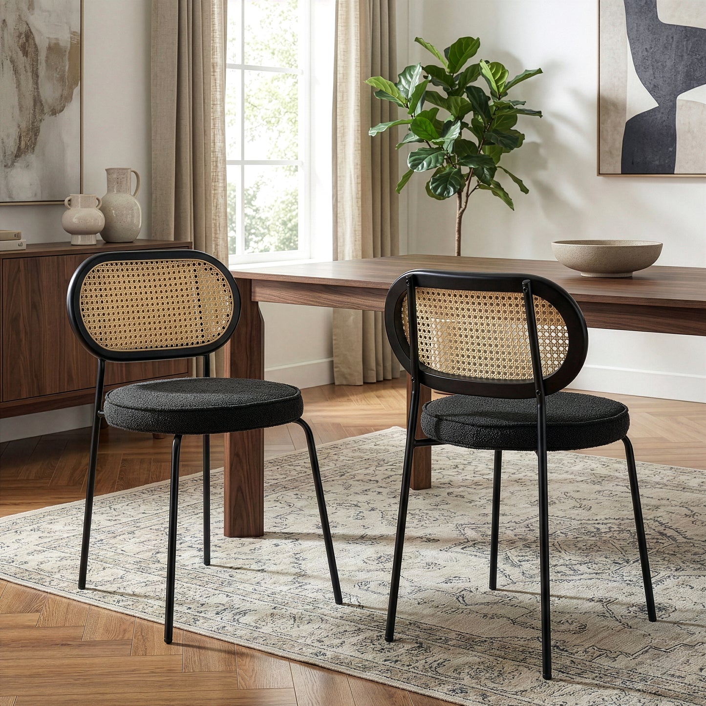 Set of 2 Azem Black Boucle Fabric Dining Chair with Rattan Backrest and Black Chrome Legs